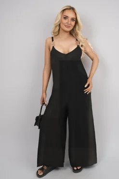 Black Yalina Scoop Neck Wide Leg Sleeveless Jumpsuit with Strap Detail<IKRUSH Sale