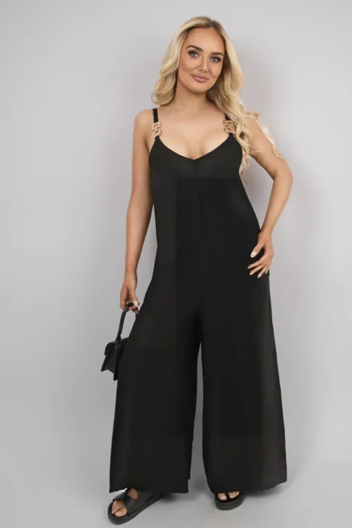 Black Yalina Scoop Neck Wide Leg Sleeveless Jumpsuit with Strap Detail<IKRUSH Sale