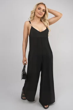 Black Yalina Scoop Neck Wide Leg Sleeveless Jumpsuit with Strap Detail<IKRUSH Sale