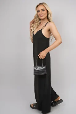 Black Yalina Scoop Neck Wide Leg Sleeveless Jumpsuit with Strap Detail<IKRUSH Sale