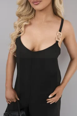 Black Yalina Scoop Neck Wide Leg Sleeveless Jumpsuit with Strap Detail<IKRUSH Sale