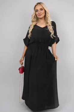 Black Zamara V Neck Short Sleeve Maxi Dress with Button Detail<IKRUSH Fashion
