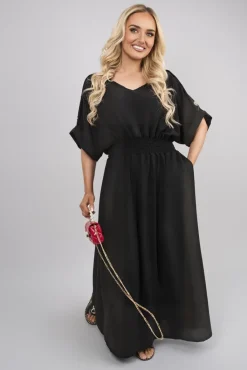Black Zamara V Neck Short Sleeve Maxi Dress with Button Detail<IKRUSH Fashion