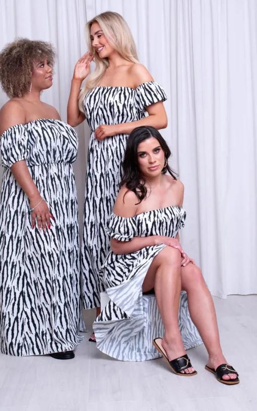 Black/white Aliza Off Shoulder Printed Split Midi Dress<IKRUSH New