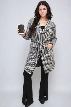 Black/white Ava Check Print Full Sleeve Notched Lapel Collar Neck Belted Coat<IKRUSH Sale