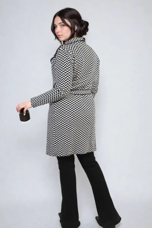 Black/white Ava Check Print Full Sleeve Notched Lapel Collar Neck Belted Coat<IKRUSH Sale
