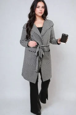 Black/white Ava Check Print Full Sleeve Notched Lapel Collar Neck Belted Coat<IKRUSH Sale