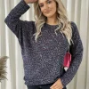 Blue Cindy Long Sleeve Glitter Floral Pattern Top<IKRUSH Best