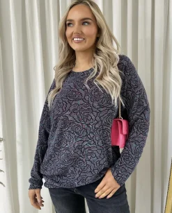 Blue Cindy Long Sleeve Glitter Floral Pattern Top<IKRUSH Best
