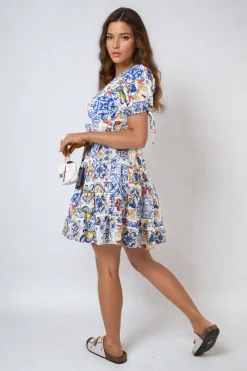 Blue Delilah Floral V-Neck Tie Waist Mini Dress<IKRUSH Outlet