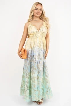 Blue Dianah Sleeveless V Neck Maxi Dress with Metallic Print Detail<IKRUSH Online