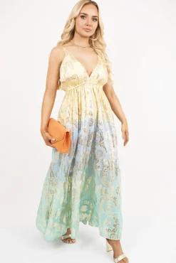 Blue Dianah Sleeveless V Neck Maxi Dress with Metallic Print Detail<IKRUSH Online