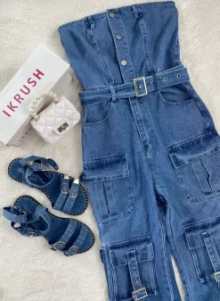 Blue Giselle Multi Pockets Strapless Cargo Jumpsuit<IKRUSH Sale