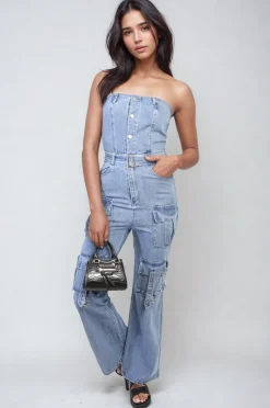 Blue Giselle Multi Pockets Strapless Cargo Jumpsuit<IKRUSH Sale