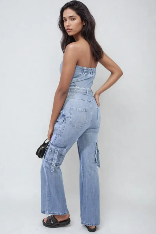 Blue Giselle Multi Pockets Strapless Cargo Jumpsuit<IKRUSH Sale
