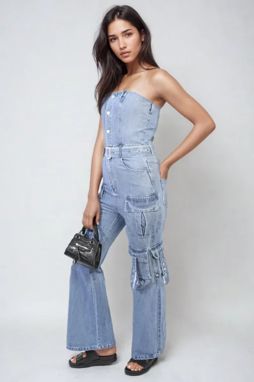 Blue Giselle Multi Pockets Strapless Cargo Jumpsuit<IKRUSH Sale