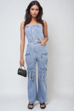 Blue Giselle Multi Pockets Strapless Cargo Jumpsuit<IKRUSH Sale