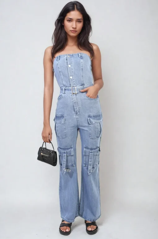 Blue Giselle Multi Pockets Strapless Cargo Jumpsuit<IKRUSH Sale