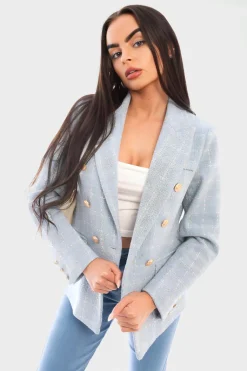 Blue Gwen Double Breasted Long Sleeve Button Blazer Jacket<IKRUSH Outlet