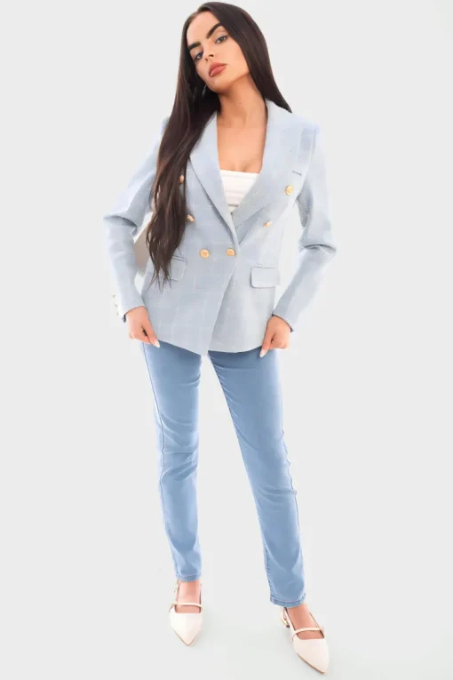 Blue Gwen Double Breasted Long Sleeve Button Blazer Jacket<IKRUSH Outlet