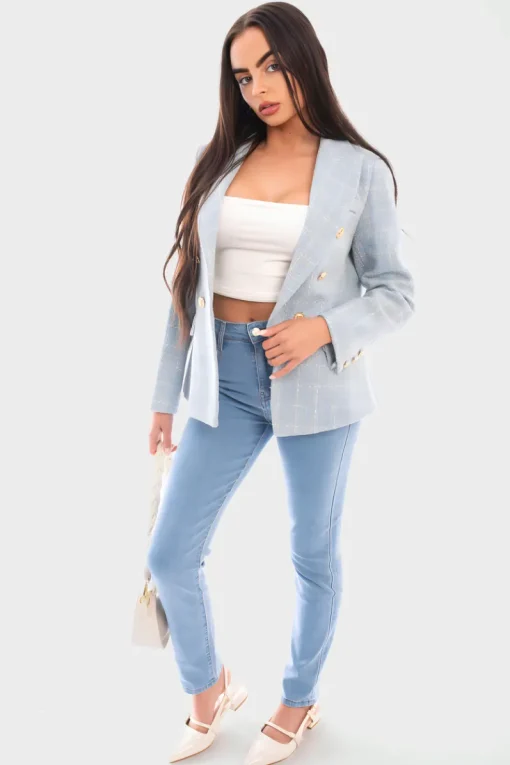 Blue Gwen Double Breasted Long Sleeve Button Blazer Jacket<IKRUSH Outlet
