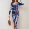 Blue Hana Abstract Printed Long Sleeve Ruched Side Slit Midi Dress<IKRUSH New