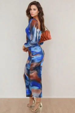 Blue Hana Abstract Printed Long Sleeve Ruched Side Slit Midi Dress<IKRUSH New