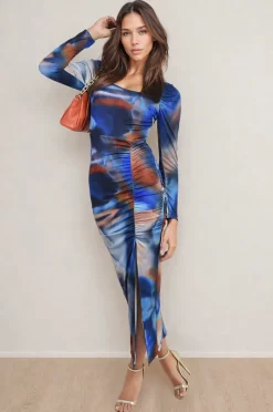 Blue Hana Abstract Printed Long Sleeve Ruched Side Slit Midi Dress<IKRUSH New