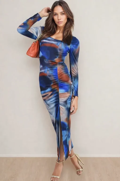 Blue Hana Abstract Printed Long Sleeve Ruched Side Slit Midi Dress<IKRUSH New