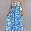 Blue Laleh V Neck Spaghetti Strap Maxi Dress with All Over Print<IKRUSH New
