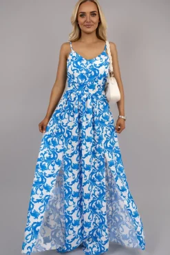 Blue Laleh V Neck Spaghetti Strap Maxi Dress with All Over Print<IKRUSH New