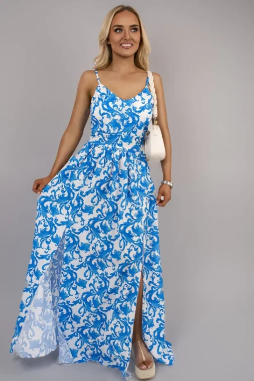 Blue Laleh V Neck Spaghetti Strap Maxi Dress with All Over Print<IKRUSH New