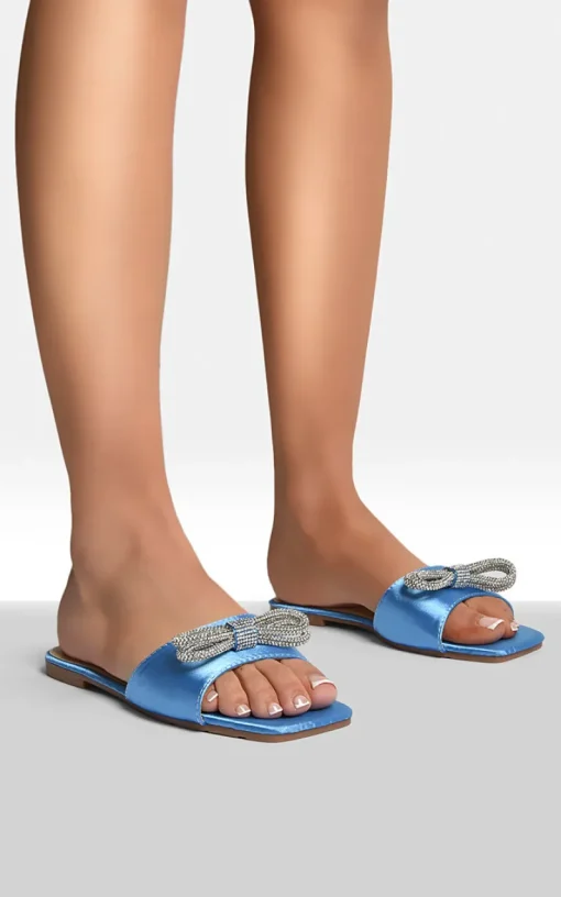 Blue Lexie Embellished Bow Trim Open Toe Sandals<IKRUSH Clearance
