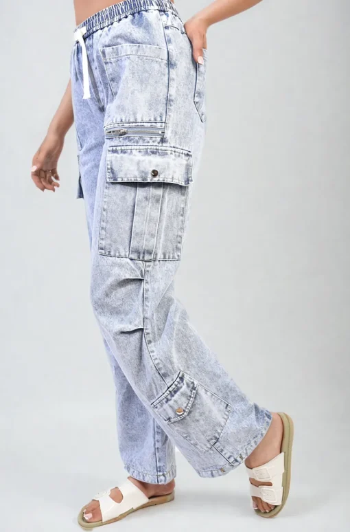 Blue Maisie Multi Pockets Drawstring Cargo Jeans<IKRUSH New