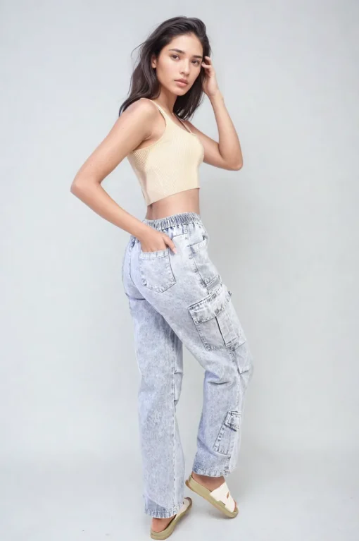 Blue Maisie Multi Pockets Drawstring Cargo Jeans<IKRUSH New