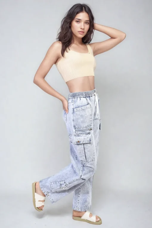 Blue Maisie Multi Pockets Drawstring Cargo Jeans<IKRUSH New