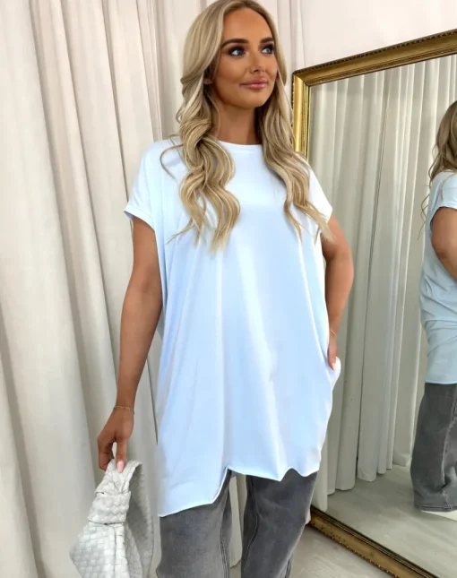 Blue Naomi Round Neck with Side Pockets Oversized Top<IKRUSH Clearance