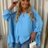 Blue Ruby V-Neck High Low Ruffle Hem Oversized Top<IKRUSH New