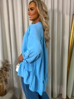 Blue Ruby V-Neck High Low Ruffle Hem Oversized Top<IKRUSH New