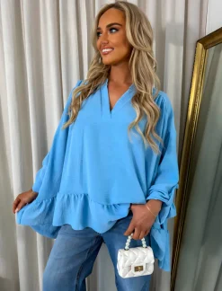 Blue Ruby V-Neck High Low Ruffle Hem Oversized Top<IKRUSH New