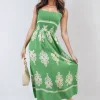 Bright green Aliah Smocked Sleeveless Flowy Tribal Print Summer Maxi Dress<IKRUSH Outlet