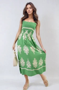 Bright green Aliah Smocked Sleeveless Flowy Tribal Print Summer Maxi Dress<IKRUSH Outlet