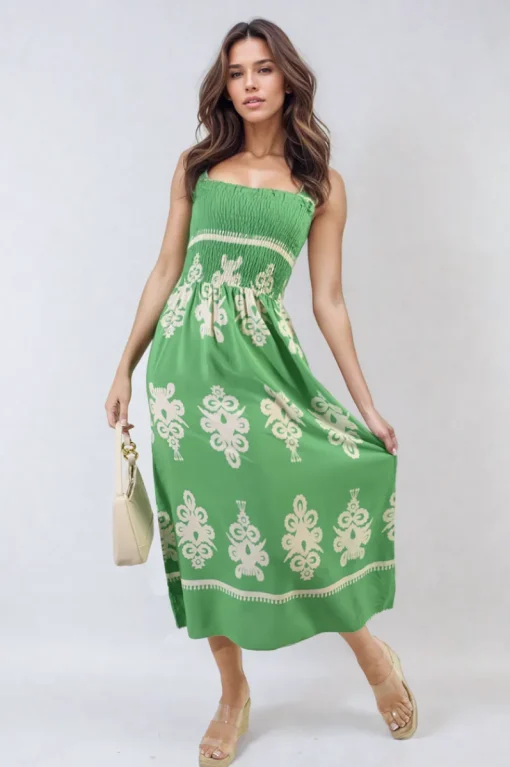 Bright green Aliah Smocked Sleeveless Flowy Tribal Print Summer Maxi Dress<IKRUSH Outlet