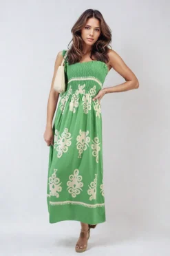 Bright green Aliah Smocked Sleeveless Flowy Tribal Print Summer Maxi Dress<IKRUSH Outlet