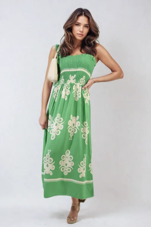 Bright green Aliah Smocked Sleeveless Flowy Tribal Print Summer Maxi Dress<IKRUSH Outlet