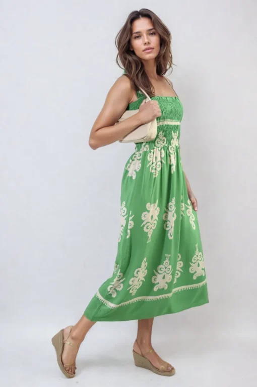Bright green Aliah Smocked Sleeveless Flowy Tribal Print Summer Maxi Dress<IKRUSH Outlet