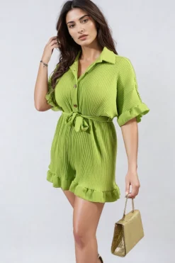 Bright green Marissa Pleated Frill Ruffle Tie Waist Playsuit<IKRUSH Online