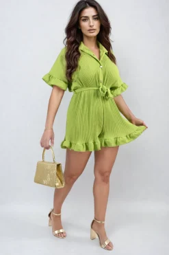 Bright green Marissa Pleated Frill Ruffle Tie Waist Playsuit<IKRUSH Online