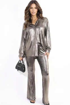 Bronze Elyse Metallic Long Sleeve Top and Wide Leg Trouser Co-ord<IKRUSH Discount