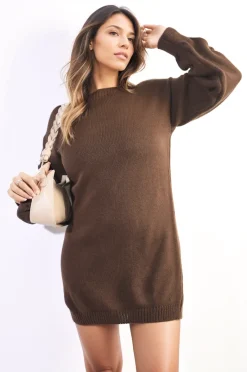 Brown Avah Cable Knit Mini Dress with Cut Out Detail<IKRUSH Clearance